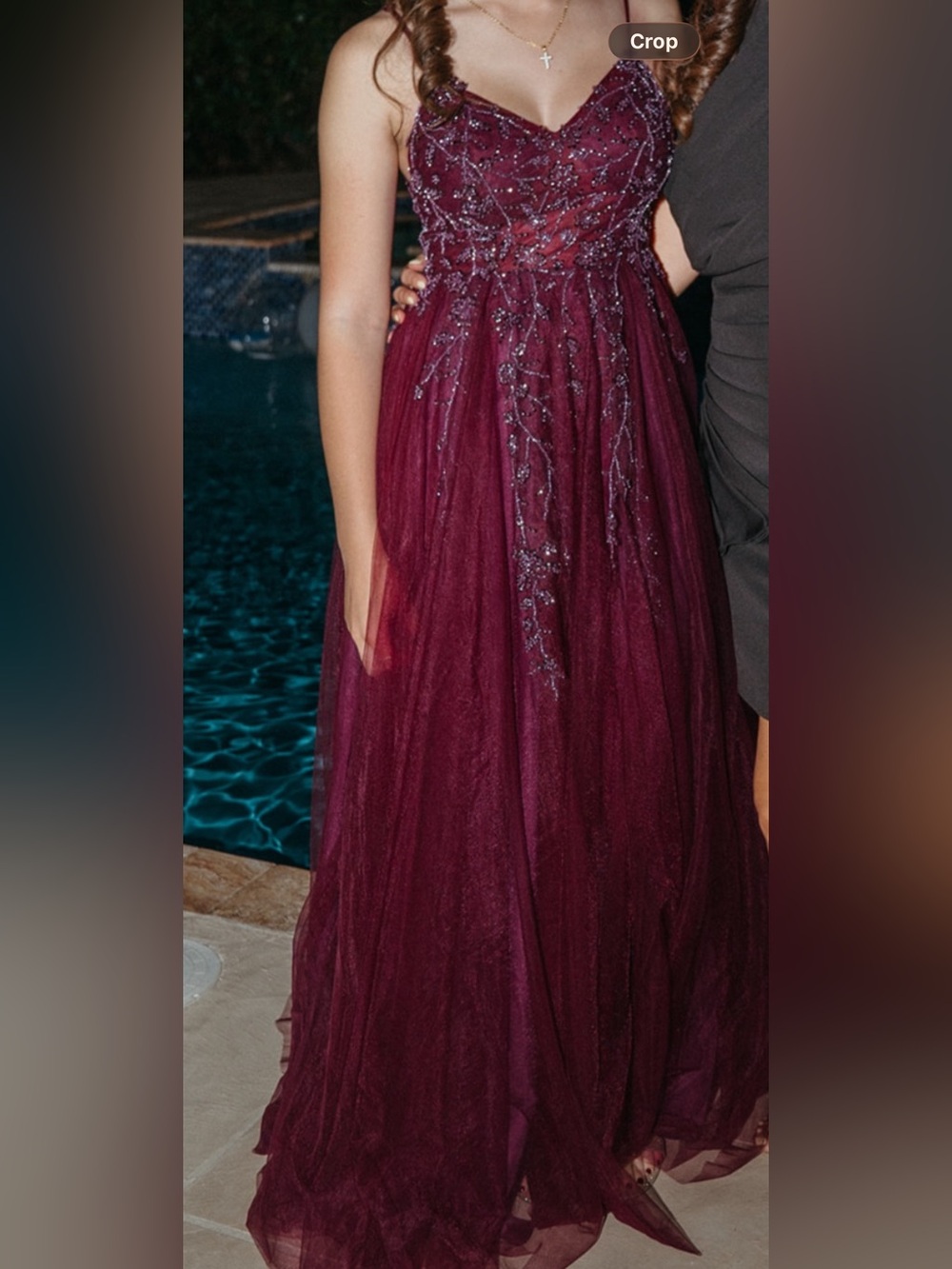 Beaded Burgundy Tulle Prom Gown